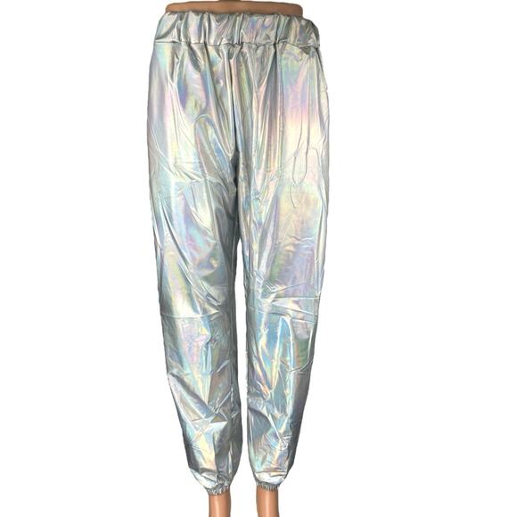 Women's Silver Metallic Irredescent Glossy Tapered High Waist Jogger Pants 2XL - Picture 1 of 5